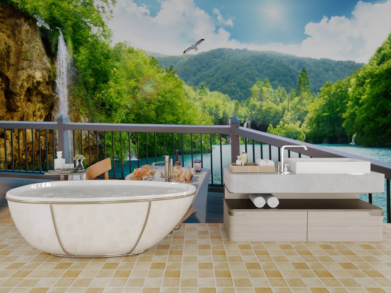 Papier peint Petit-déjeuner dans un cadre romantique avec vue sur une cascade