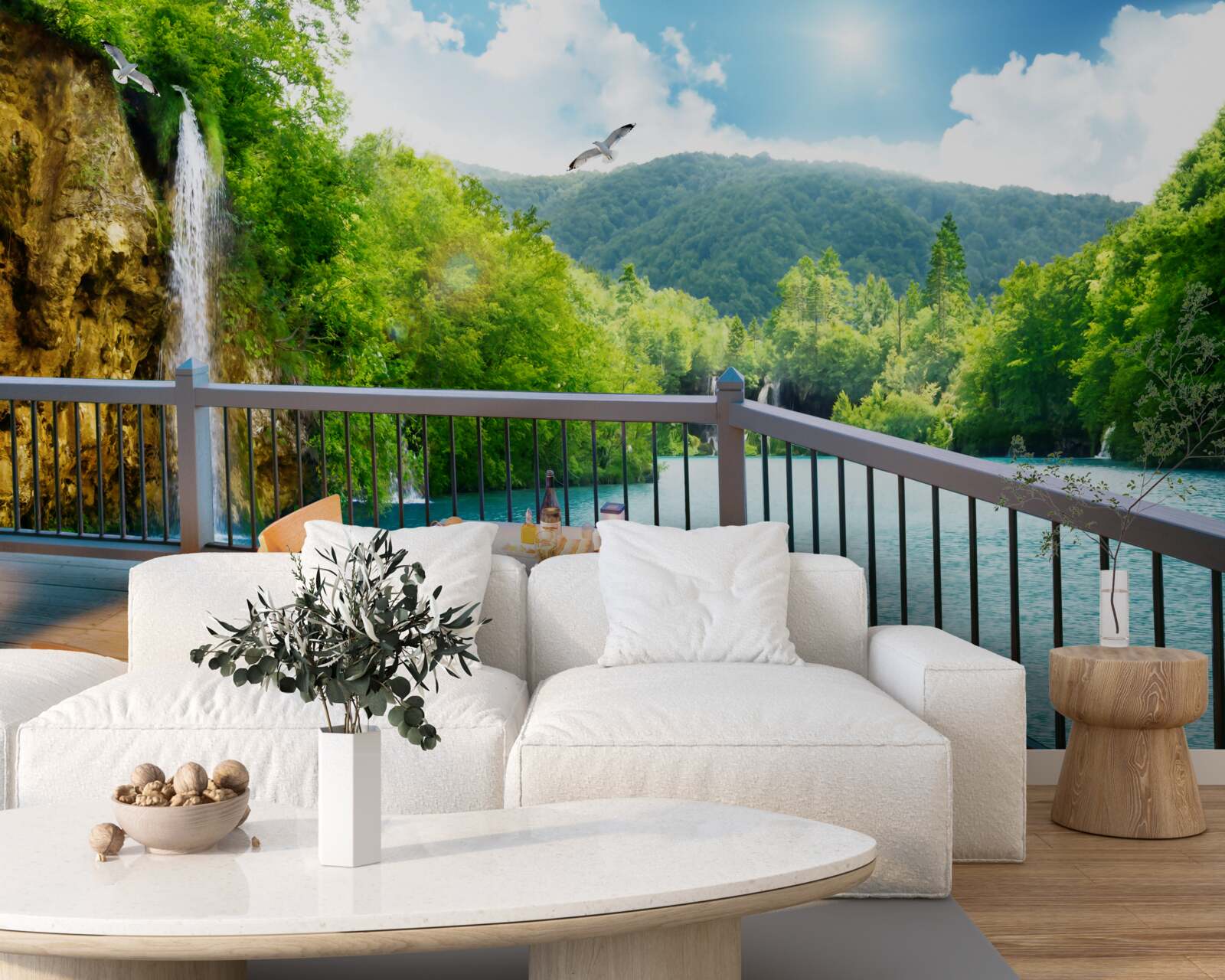 Papier peint Petit-déjeuner dans un cadre romantique avec vue sur une cascade
