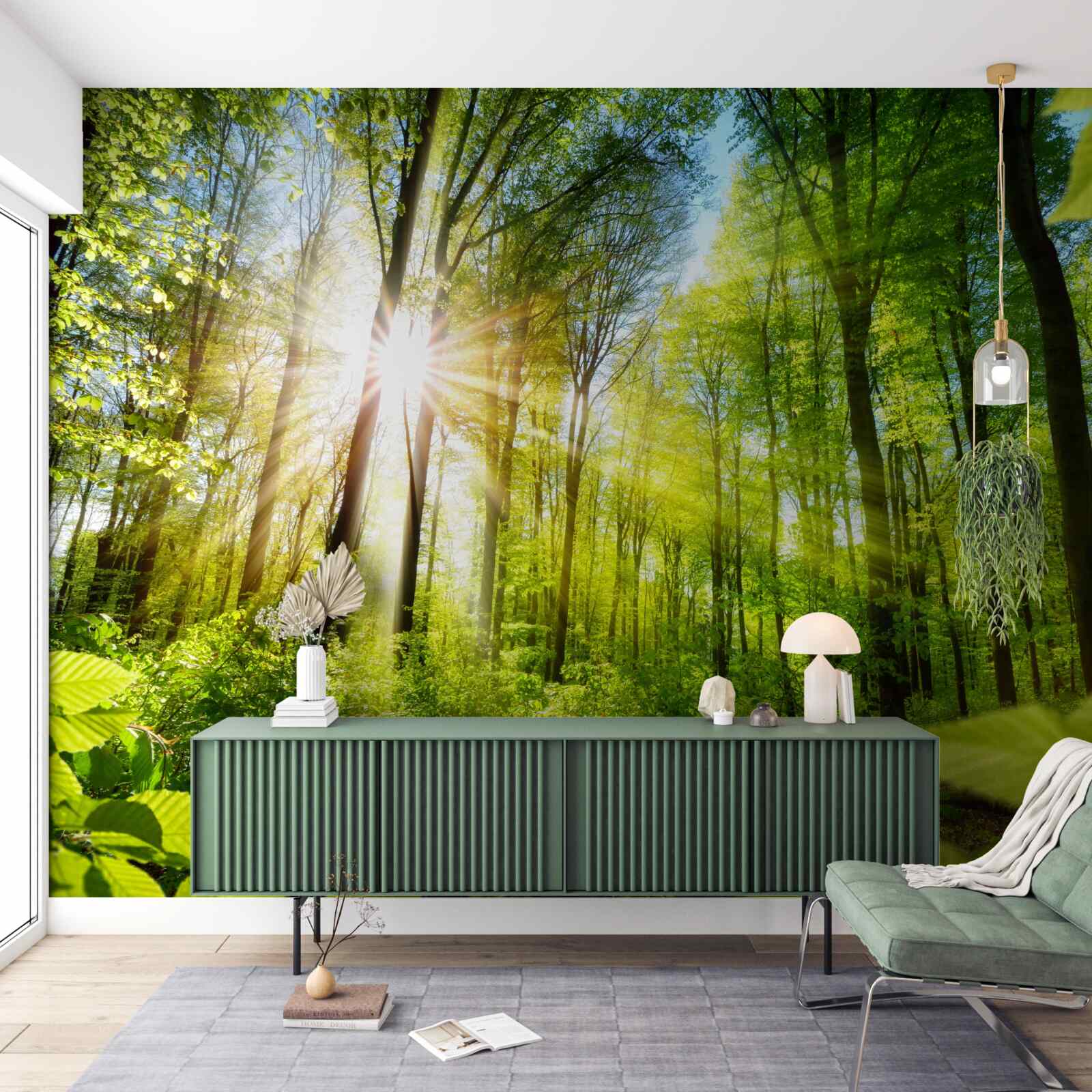 Papier peint les rayons du soleil pénètrent les arbres de la forêt