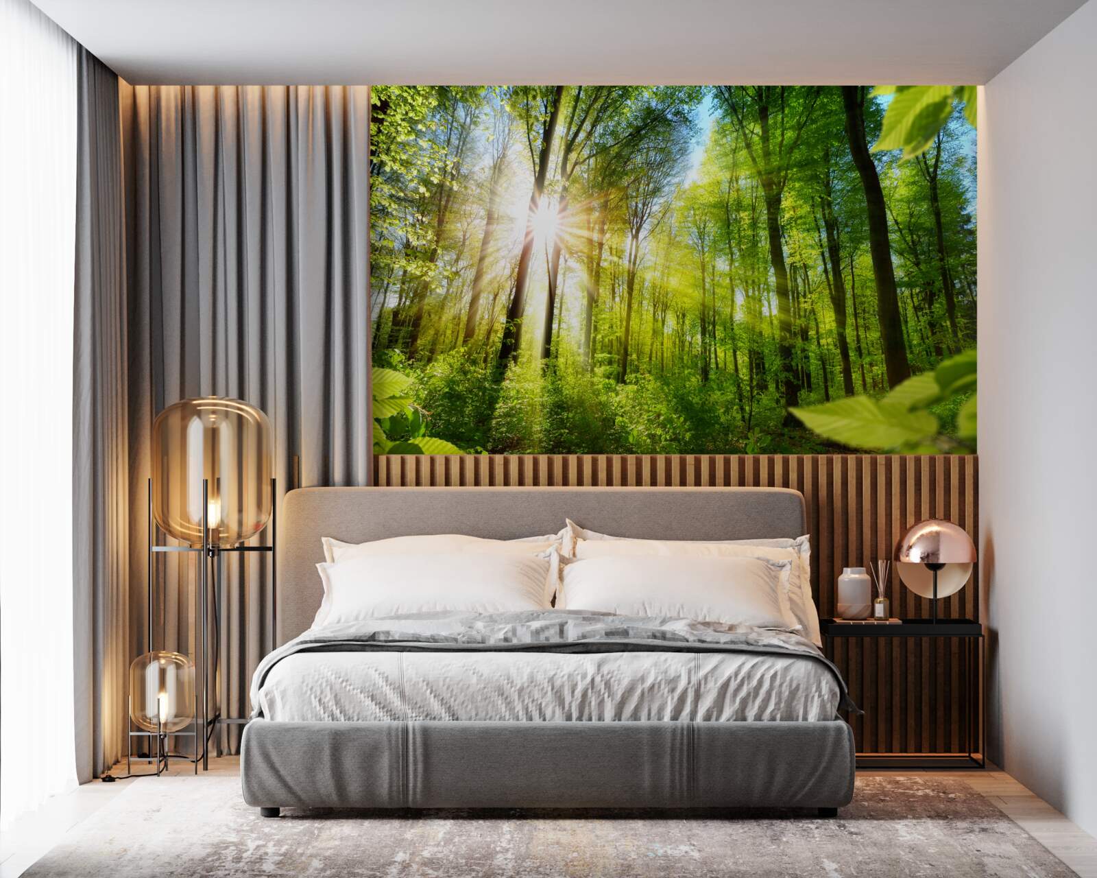 Papier peint les rayons du soleil pénètrent les arbres de la forêt