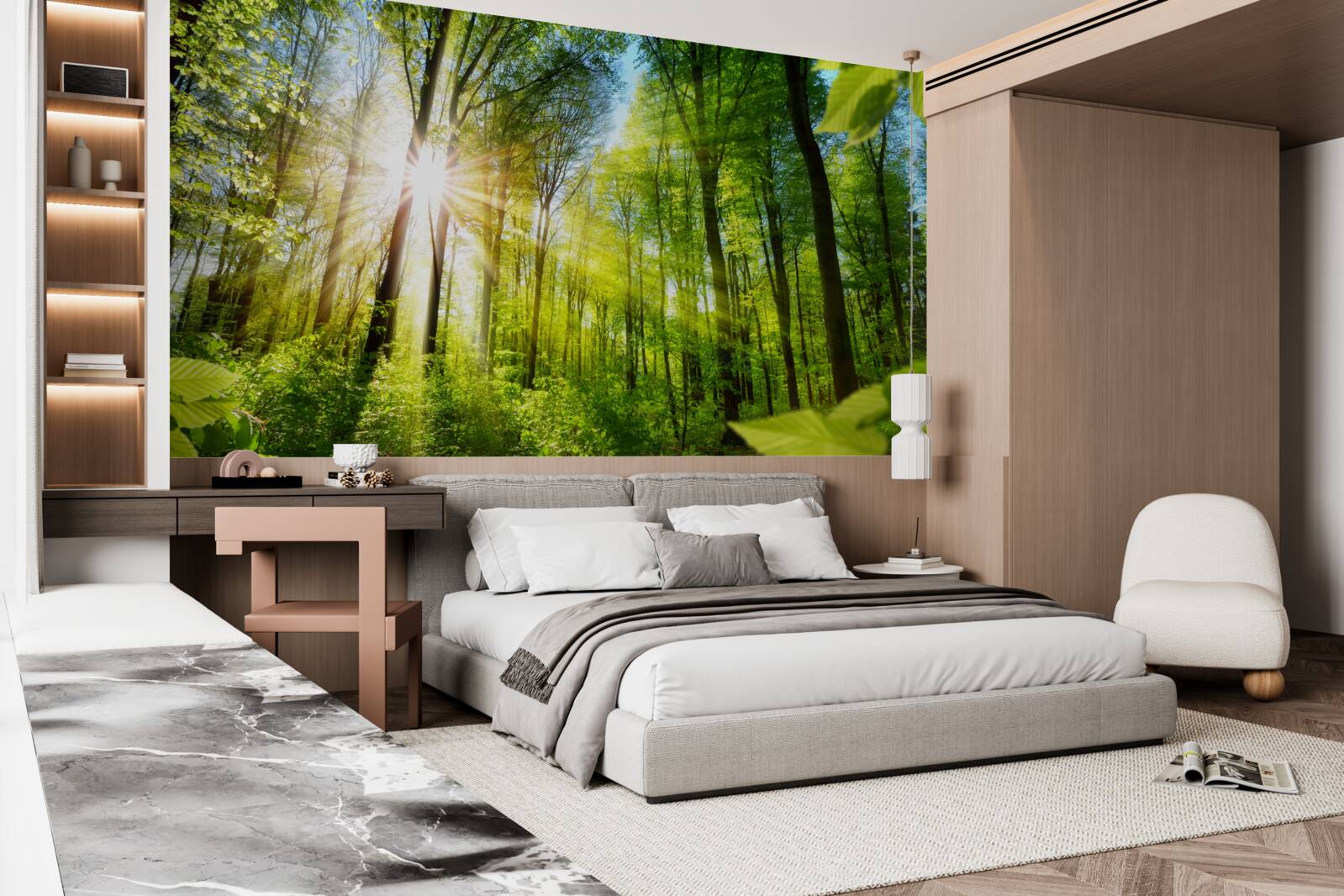 Papier peint les rayons du soleil pénètrent les arbres de la forêt