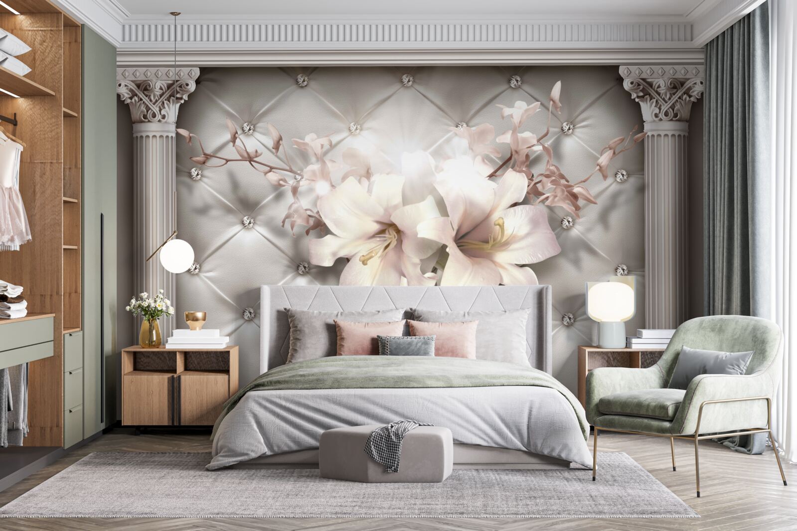 Papier peint de grands lys blancs comme neige décorant le mur