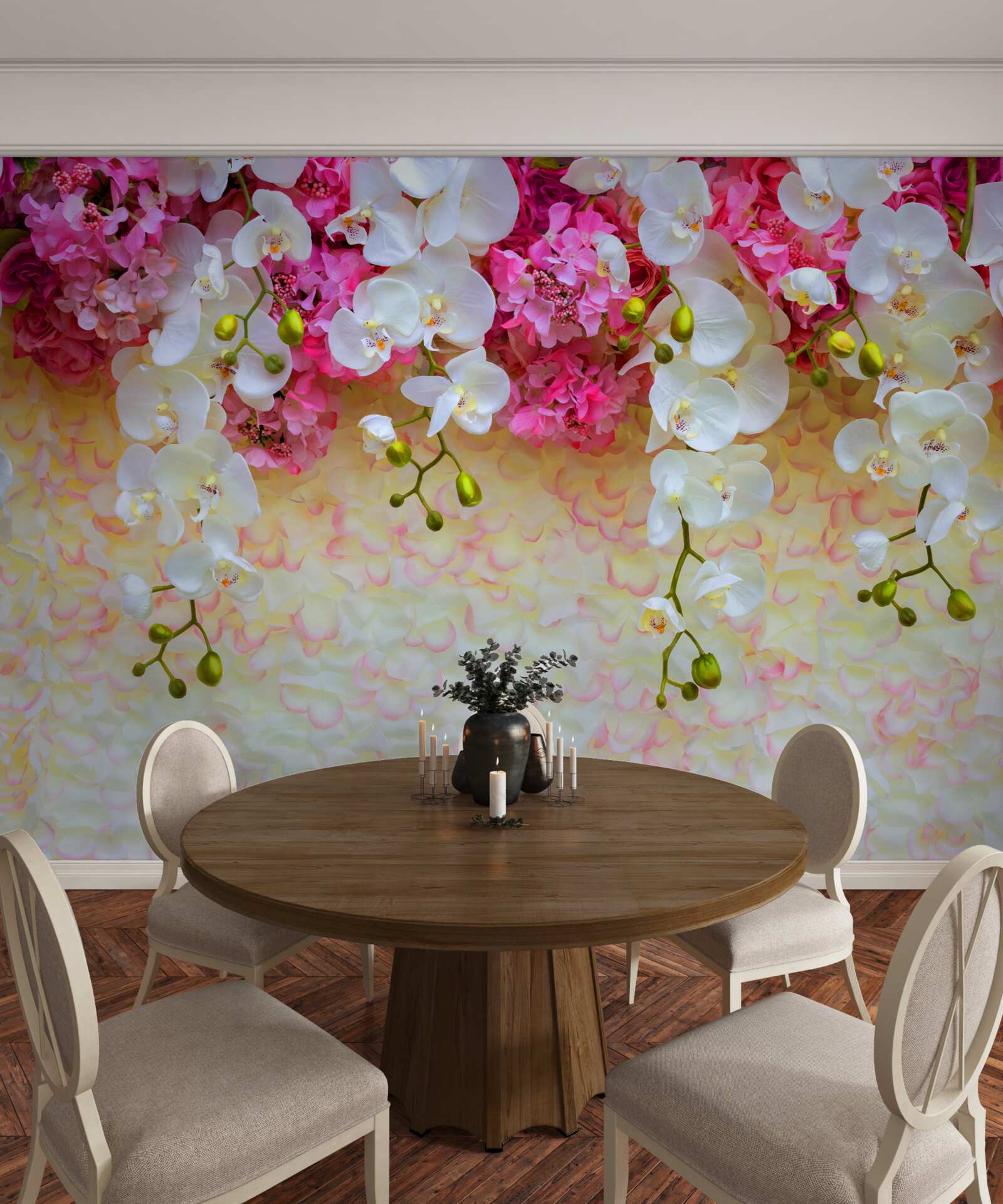 Papier peint fleurs blanches et roses suspendues