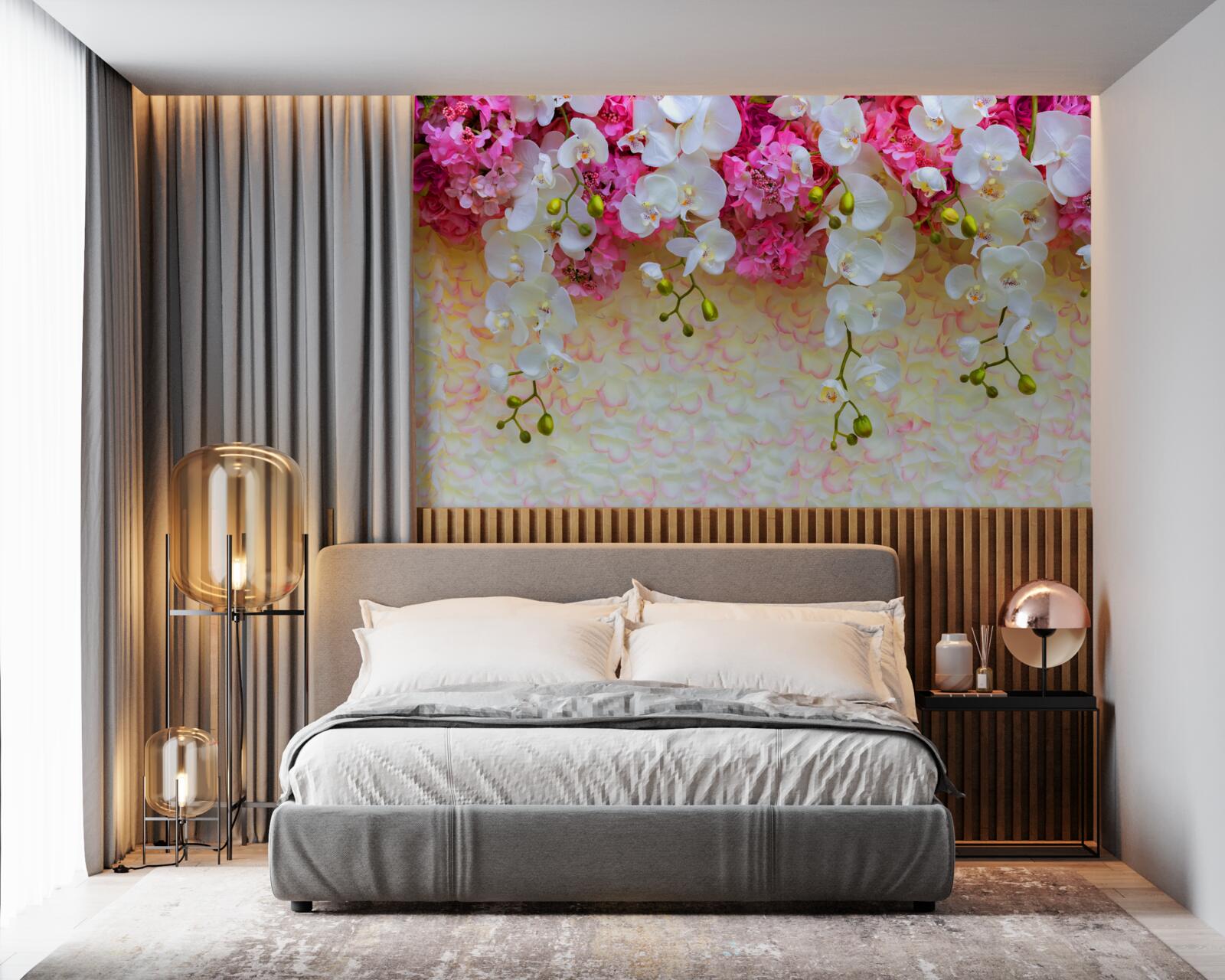 Papier peint fleurs blanches et roses suspendues