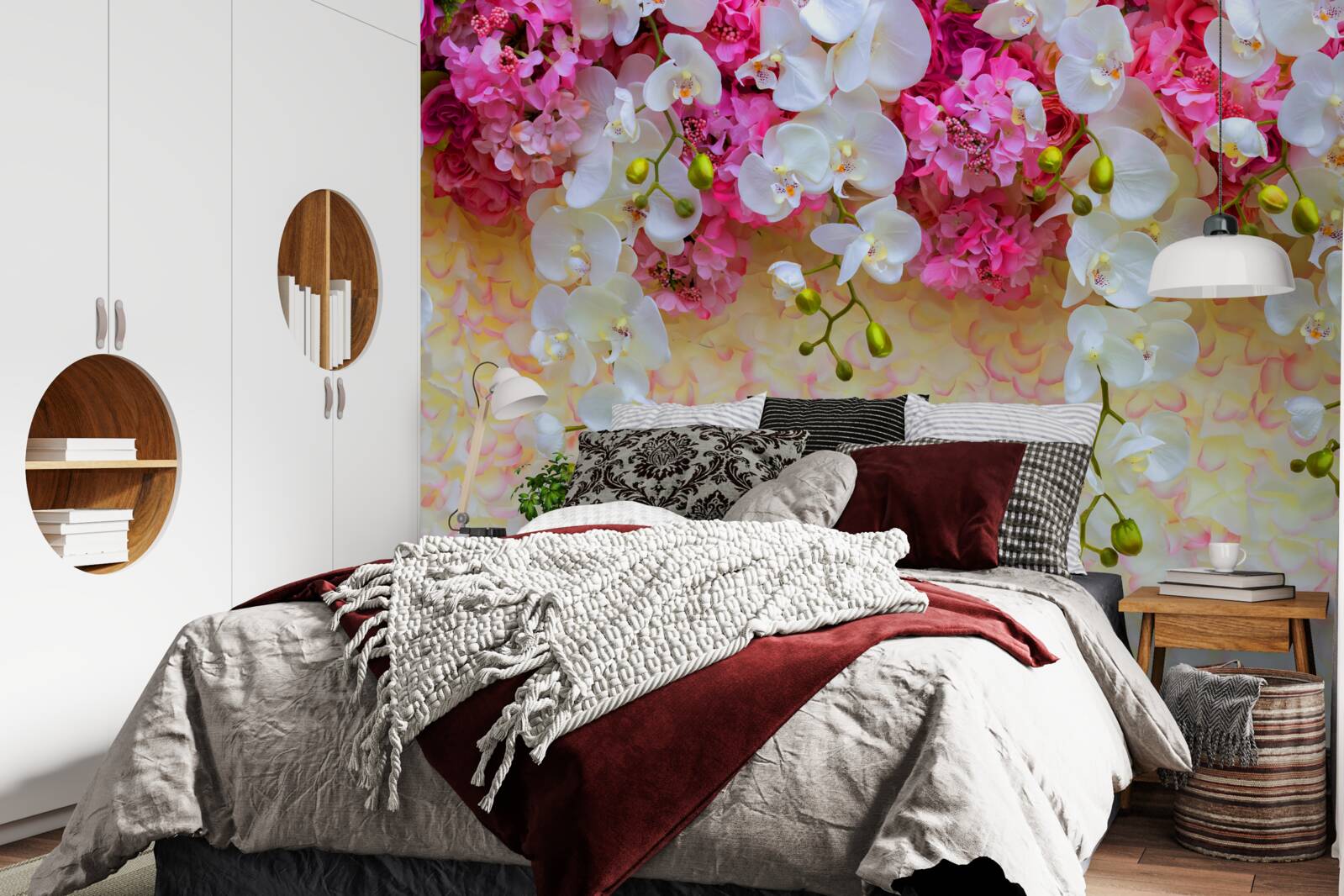 Papier peint fleurs blanches et roses suspendues