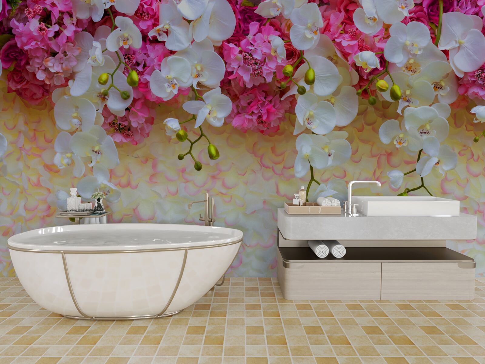 Papier peint fleurs blanches et roses suspendues