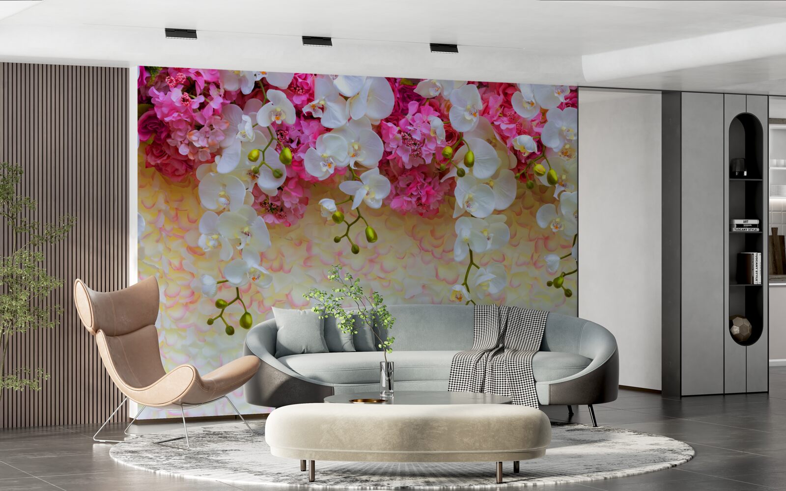 Papier peint fleurs blanches et roses suspendues