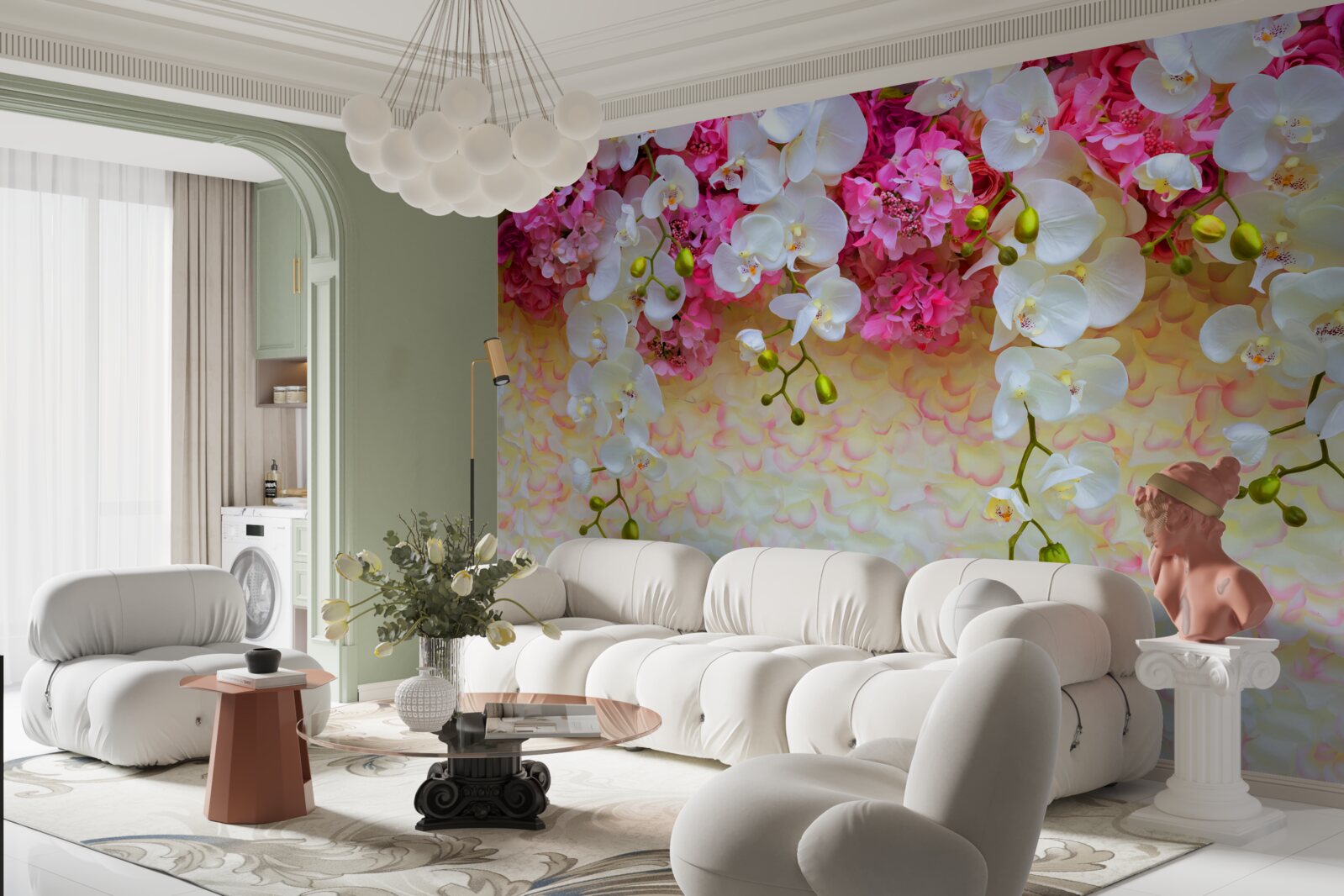 Papier peint fleurs blanches et roses suspendues