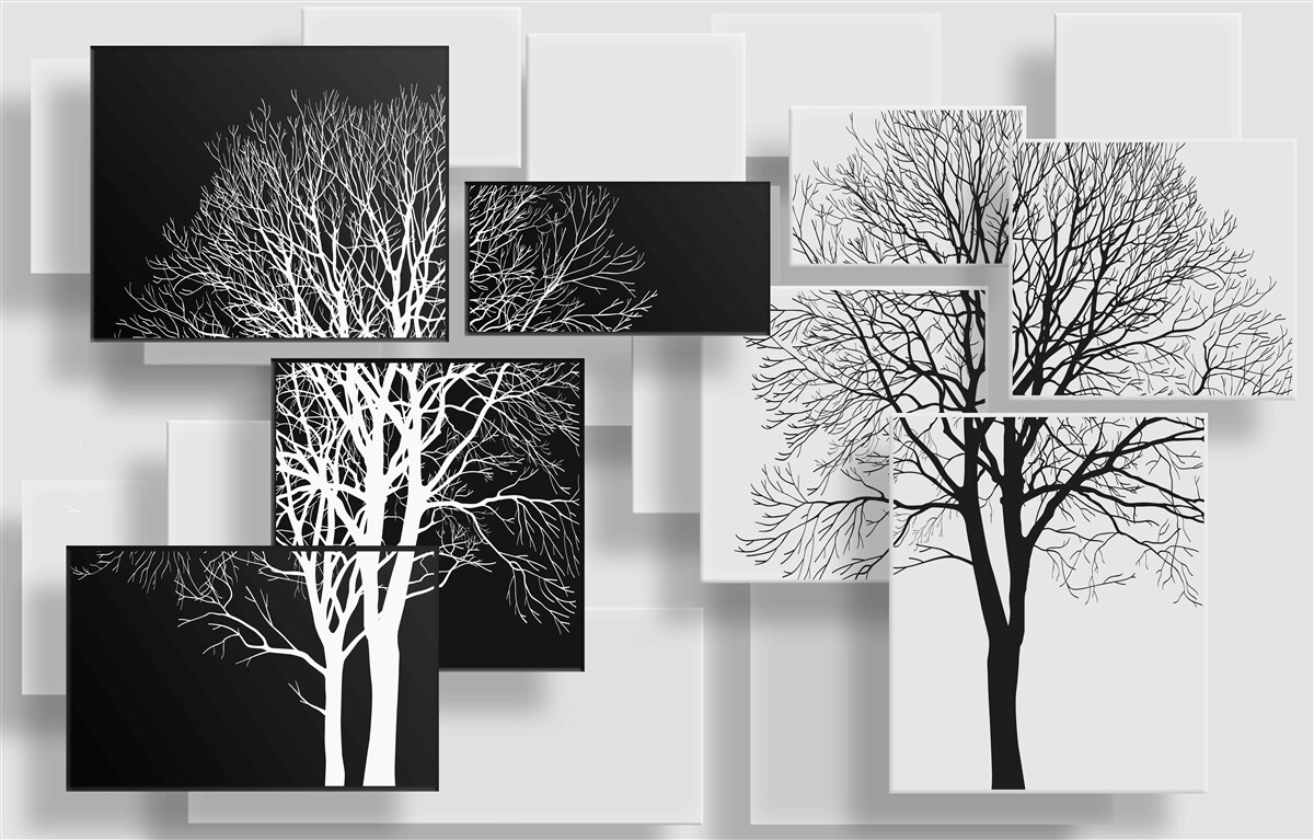 Papier peint images d'arbres nus sur fond noir et blanc