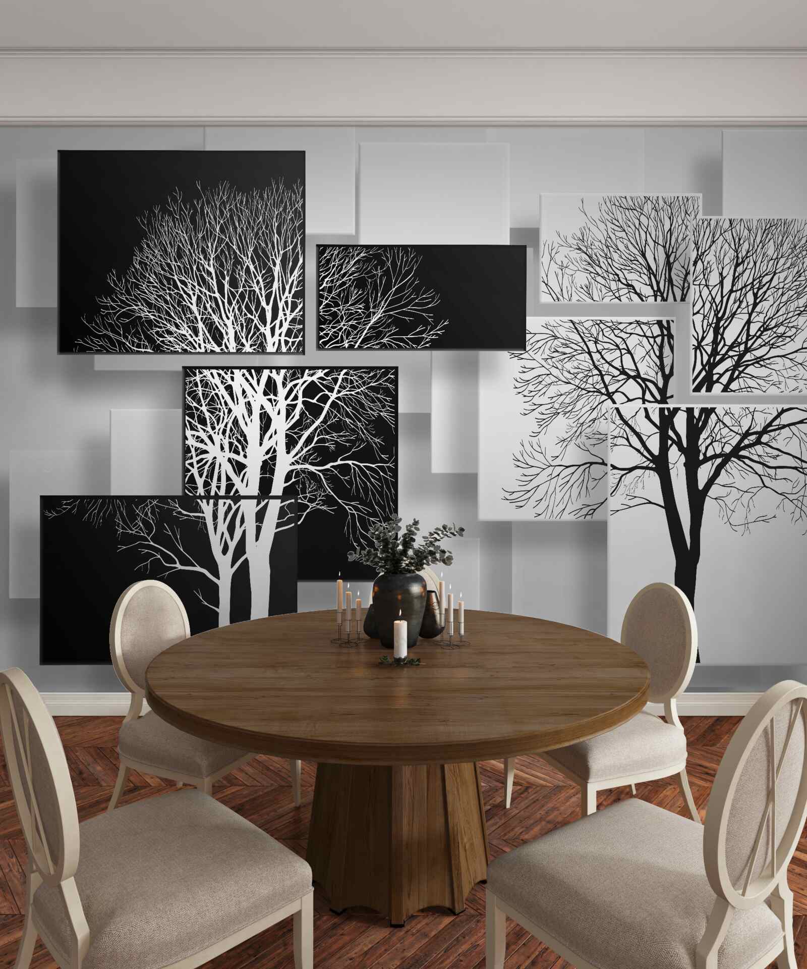 Papier peint images d'arbres nus sur fond noir et blanc