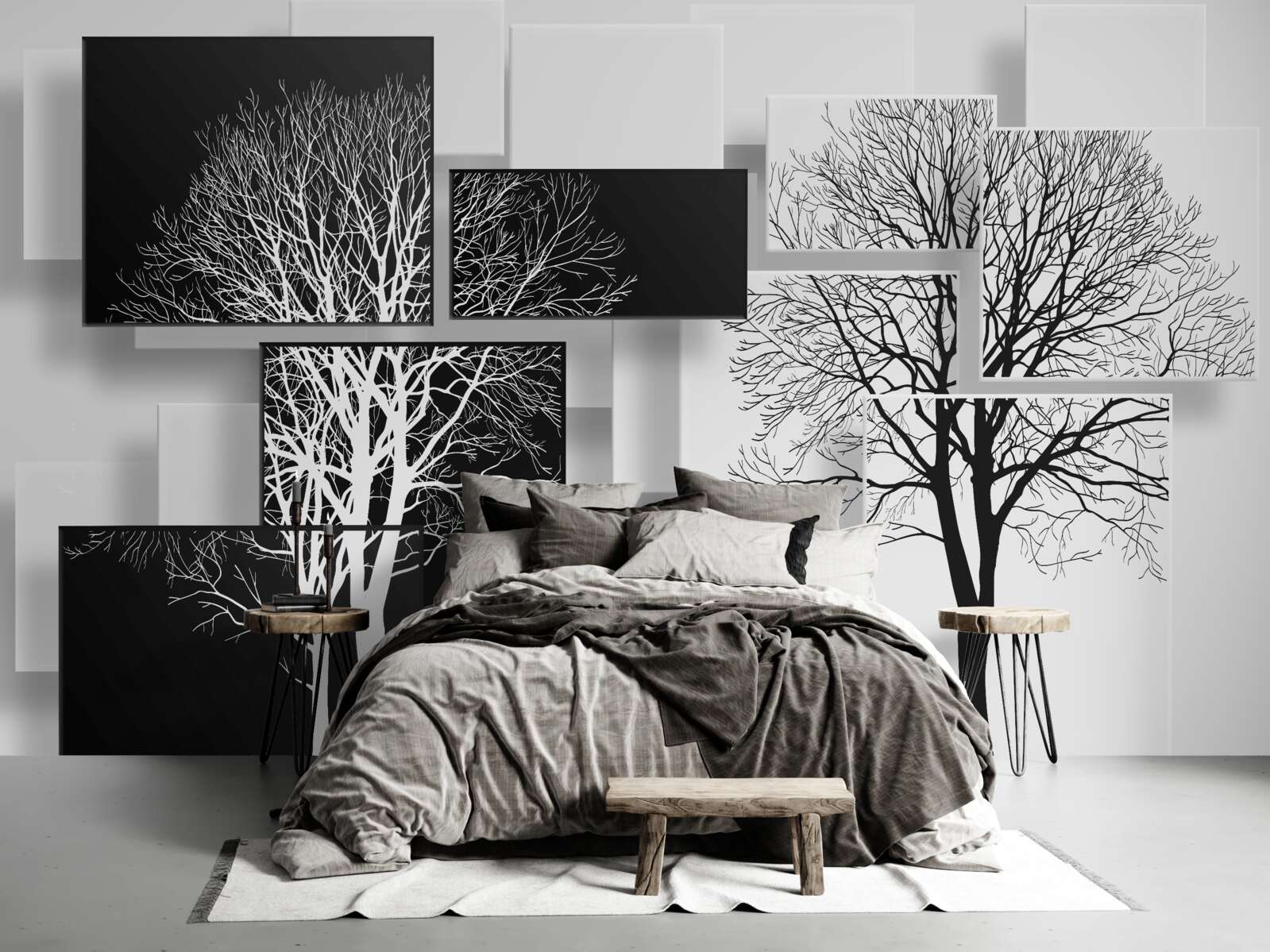 Papier peint images d'arbres nus sur fond noir et blanc