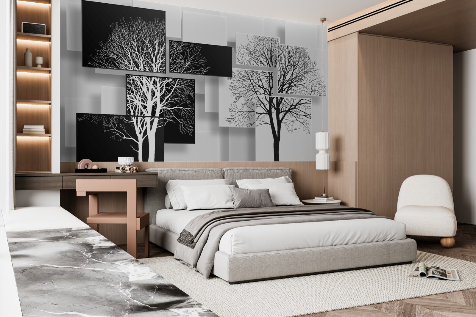 Papier peint images d'arbres nus sur fond noir et blanc