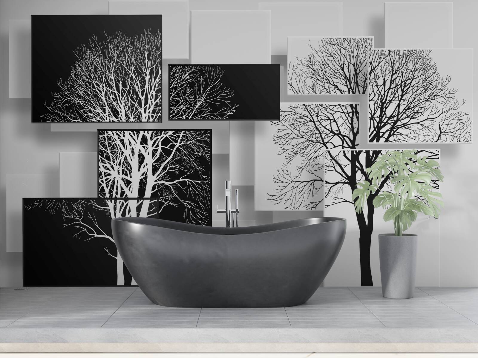 Papier peint images d'arbres nus sur fond noir et blanc