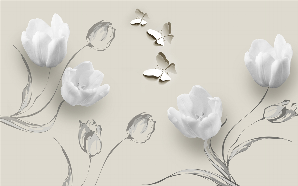 Papier peint tulipes et papillons d'argent pur à proximité