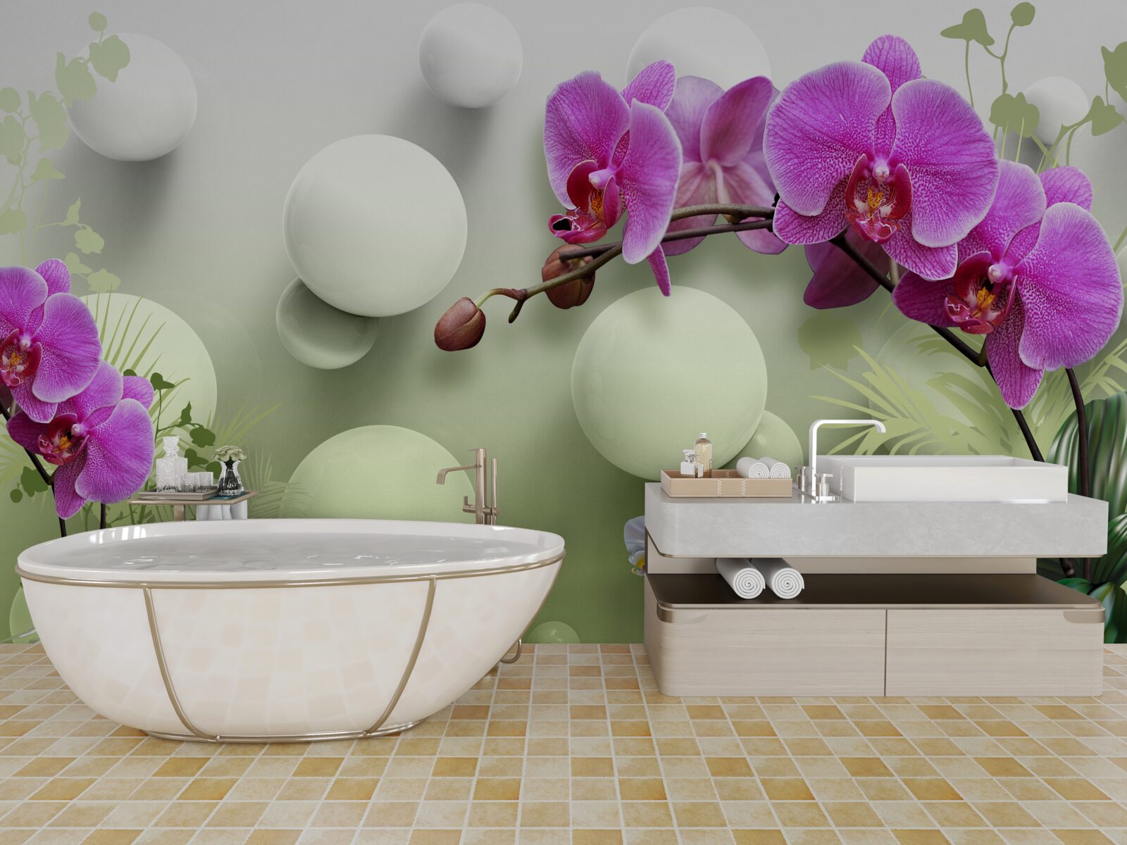 Papier peint orchidées dans les tons blanc et violet