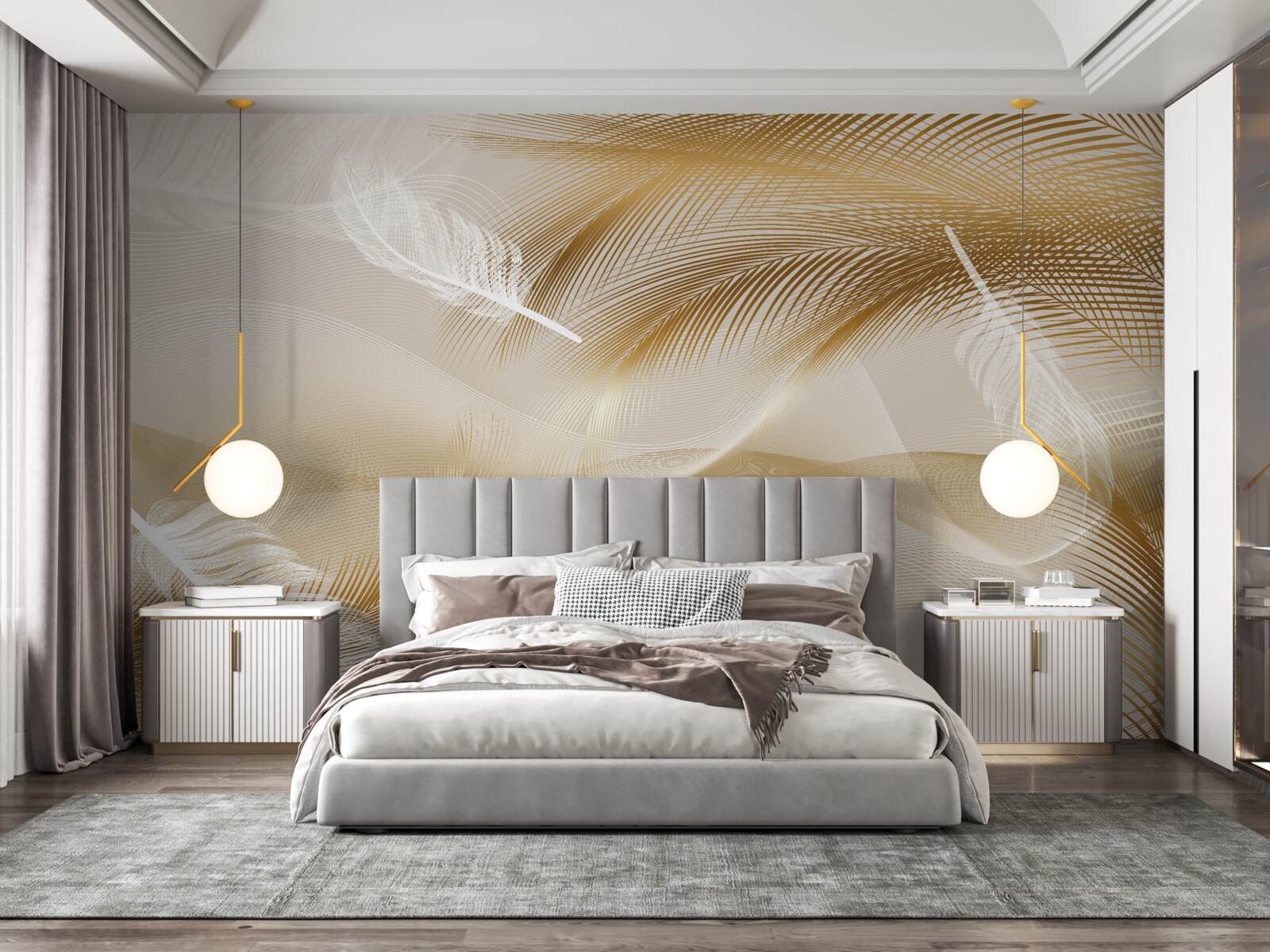 Papier peint branches dorées et duvet blanc