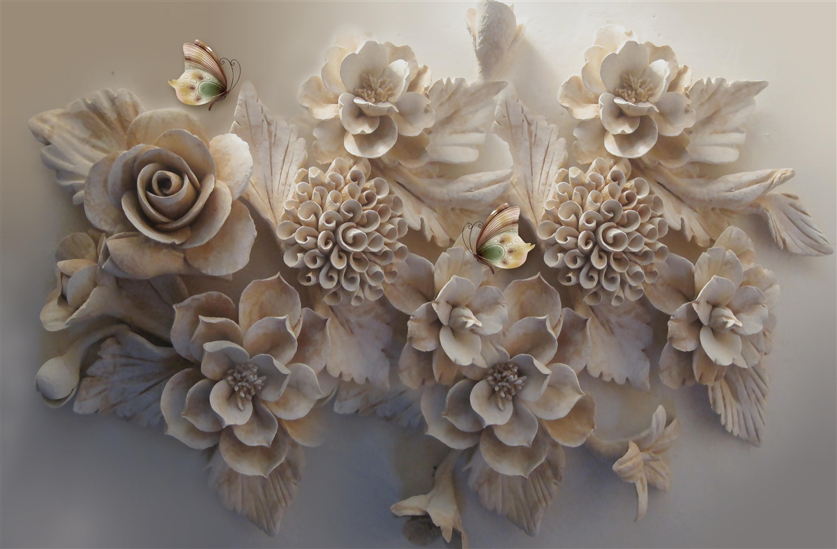 Papier peint ensemble de grandes fleurs dans les tons crème