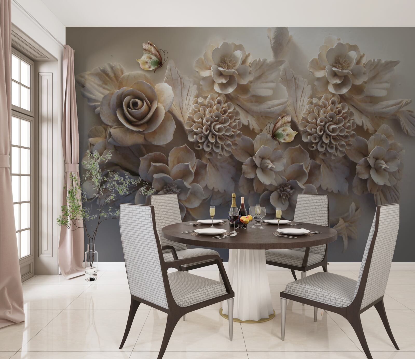 Papier peint ensemble de grandes fleurs dans les tons crème