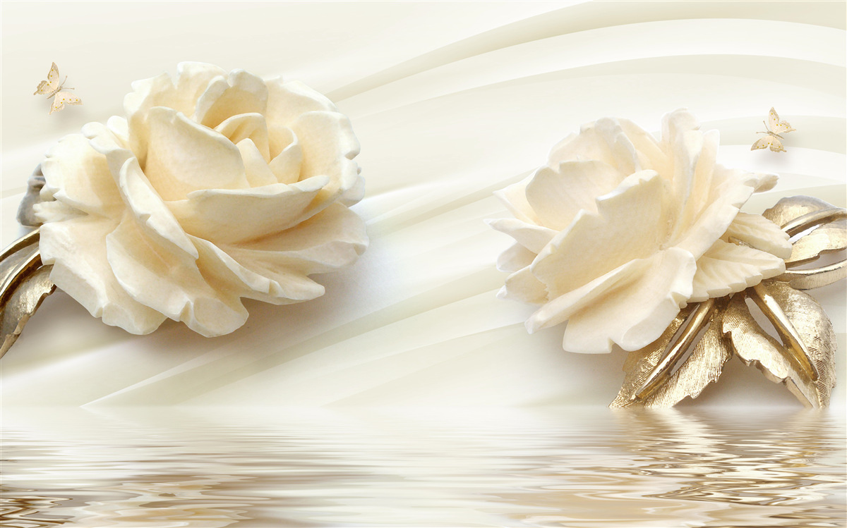 Papier peint deux grandes fleurs de rose beige