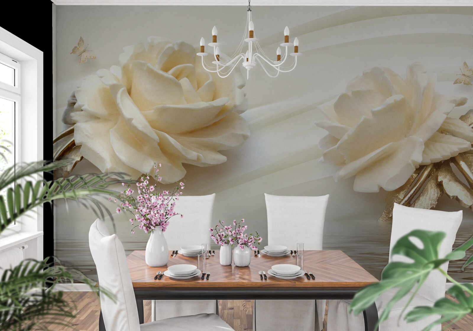 Papier peint deux grandes fleurs de rose beige
