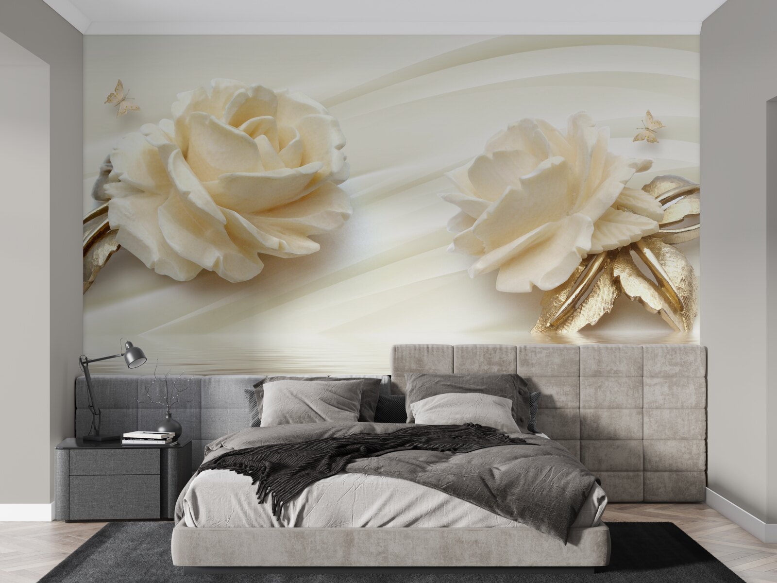 Papier peint deux grandes fleurs de rose beige