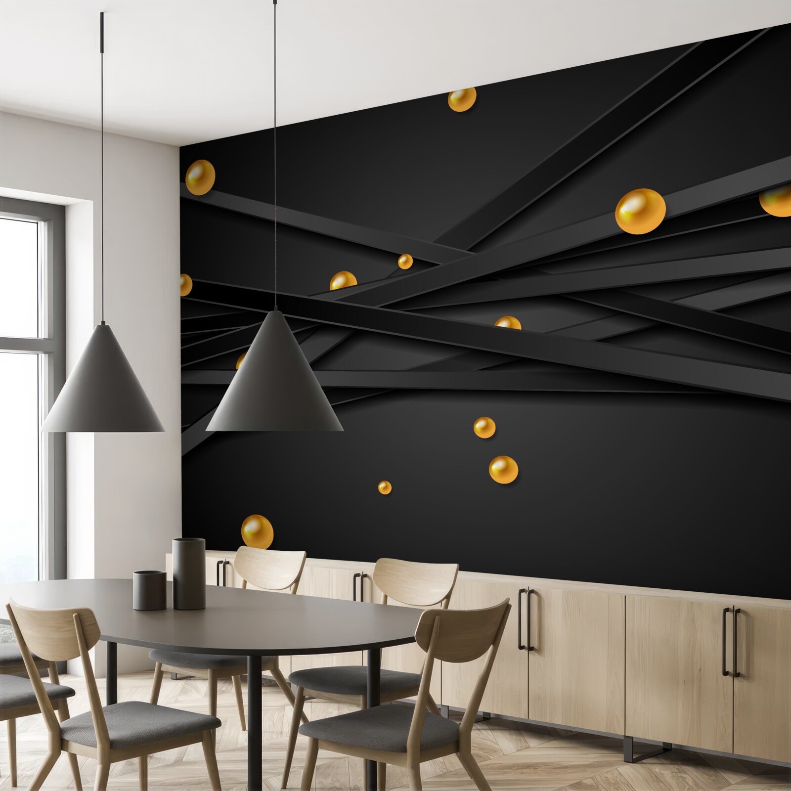 Papier peint de fines boîtes noires et des boules d'or