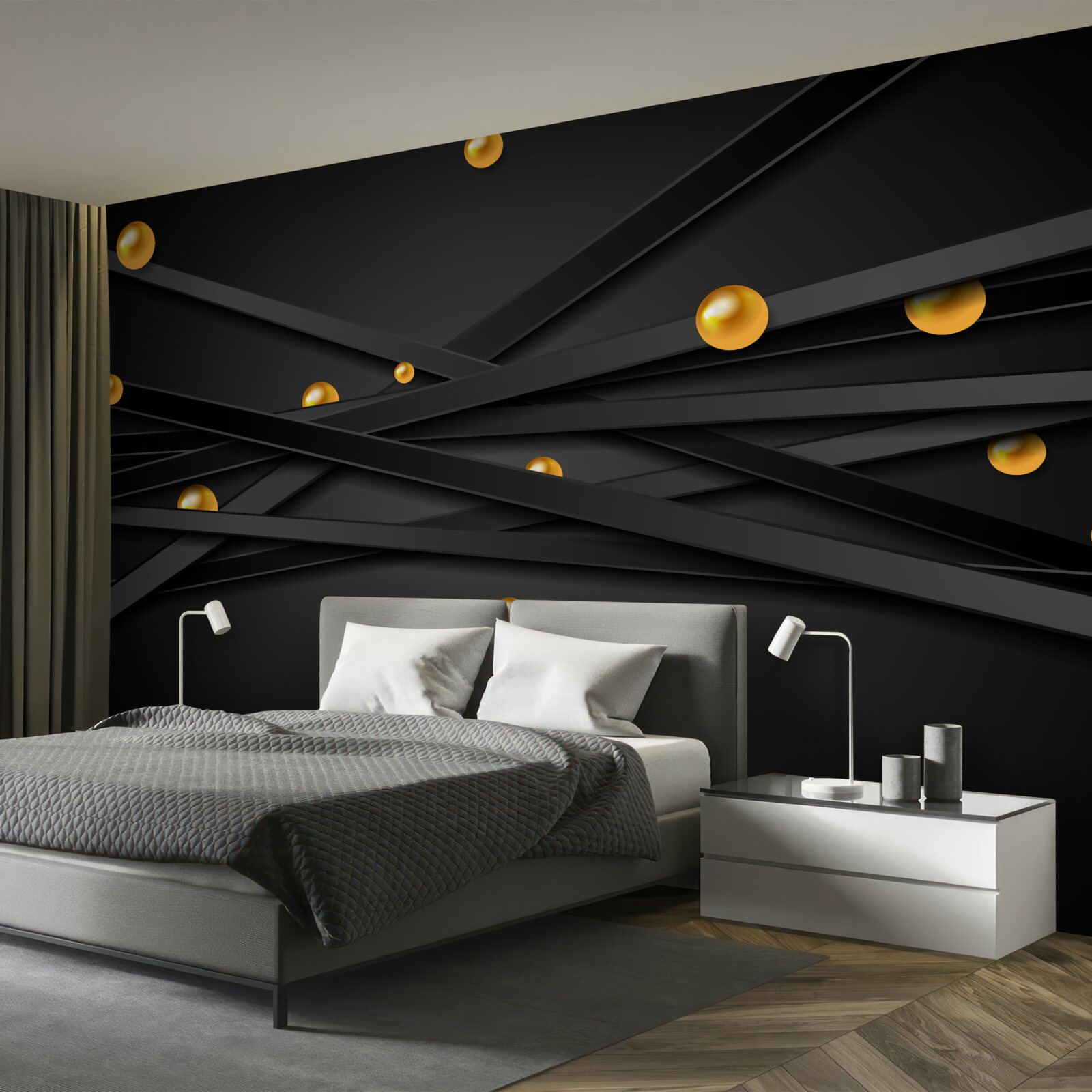 Papier peint de fines boîtes noires et des boules d'or