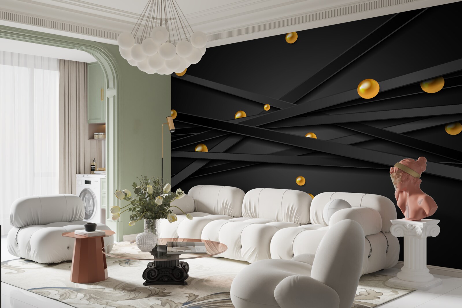 Papier peint de fines boîtes noires et des boules d'or