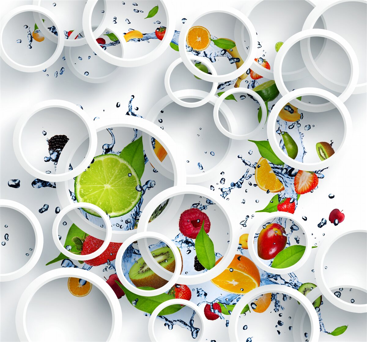 Papier peint divers fruits tranchés et disques blancs