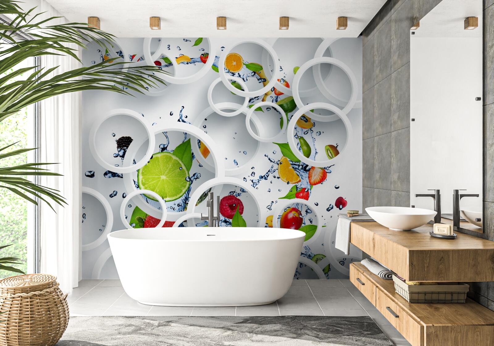 Papier peint divers fruits tranchés et disques blancs