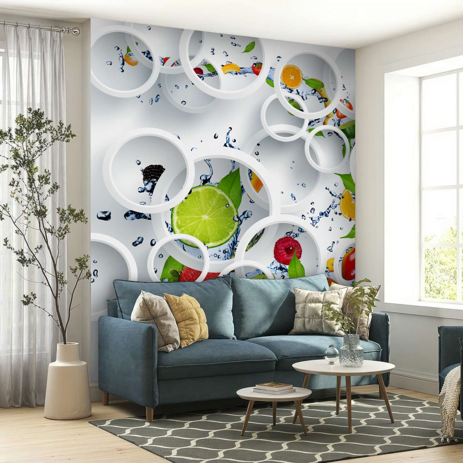 Papier peint divers fruits tranchés et disques blancs
