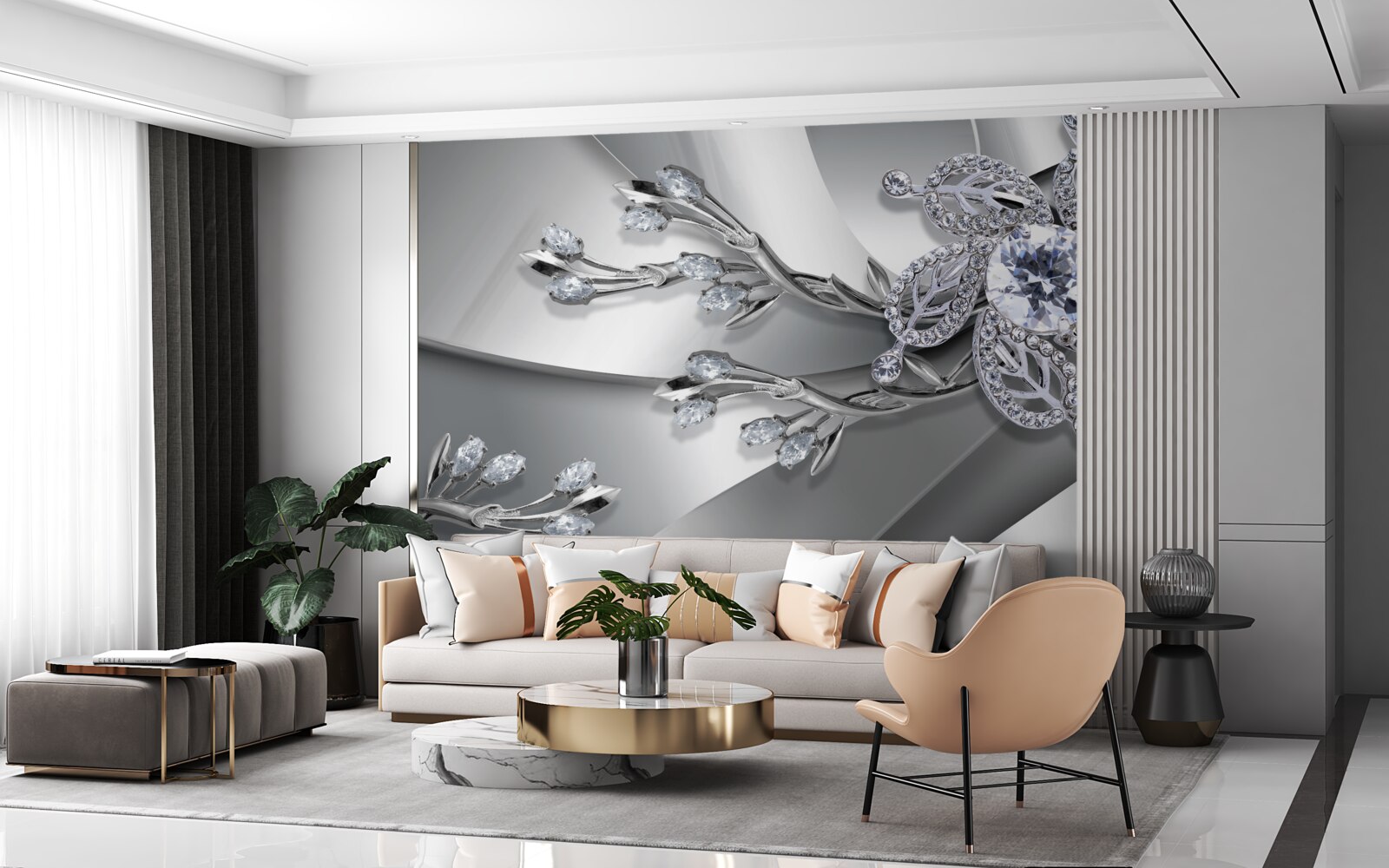 Papier peint bourgeon et branches en pierre