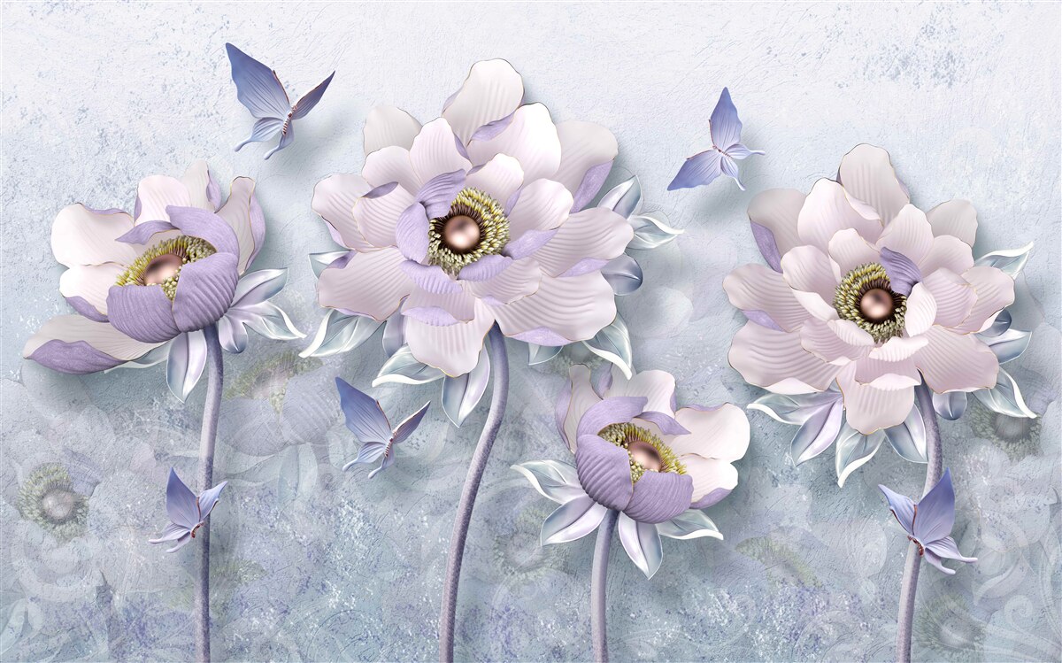 Papier peint des papillons violets et des fleurs d'une délicatesse exceptionnelle