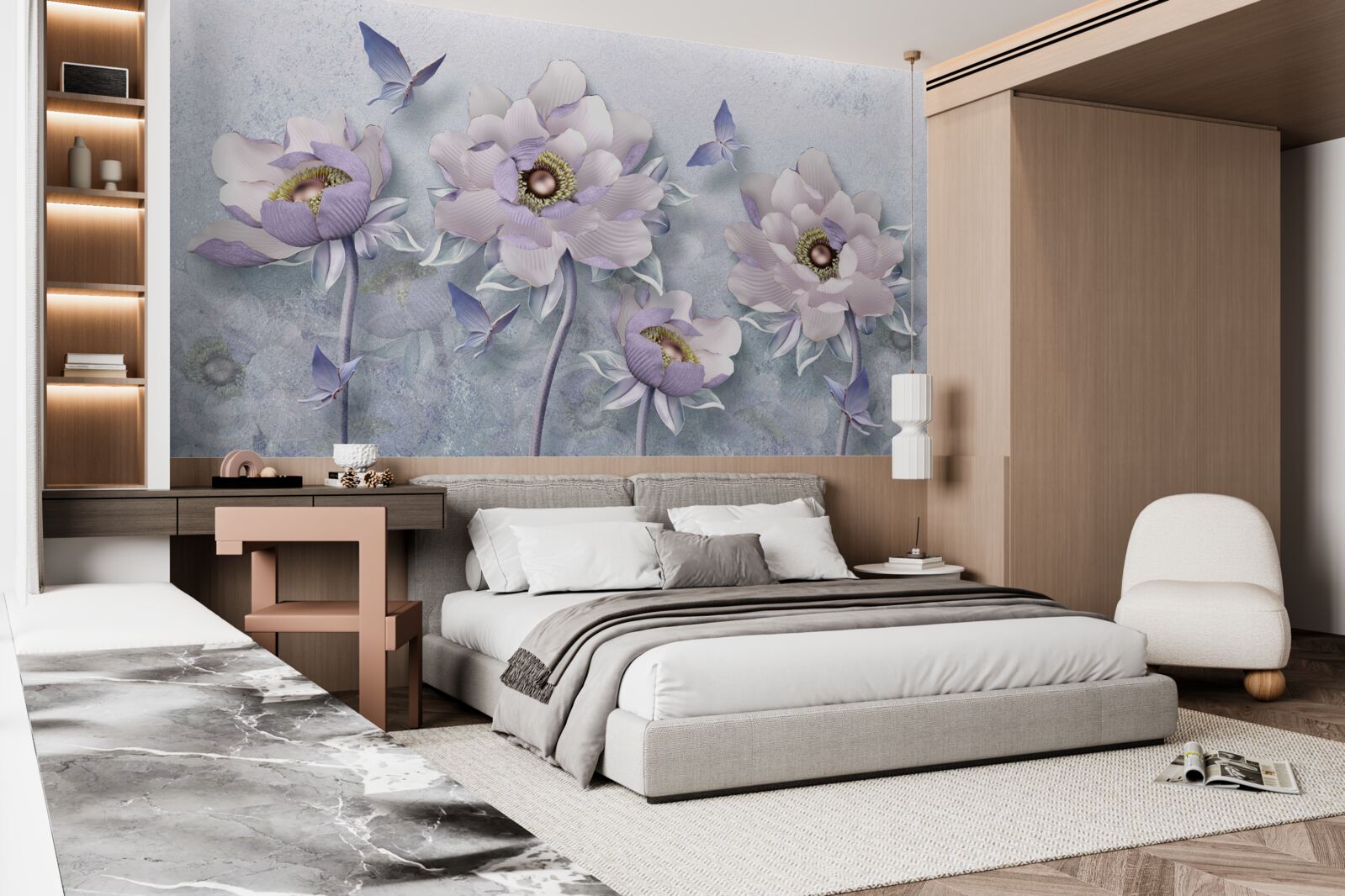 Papier peint des papillons violets et des fleurs d'une délicatesse exceptionnelle