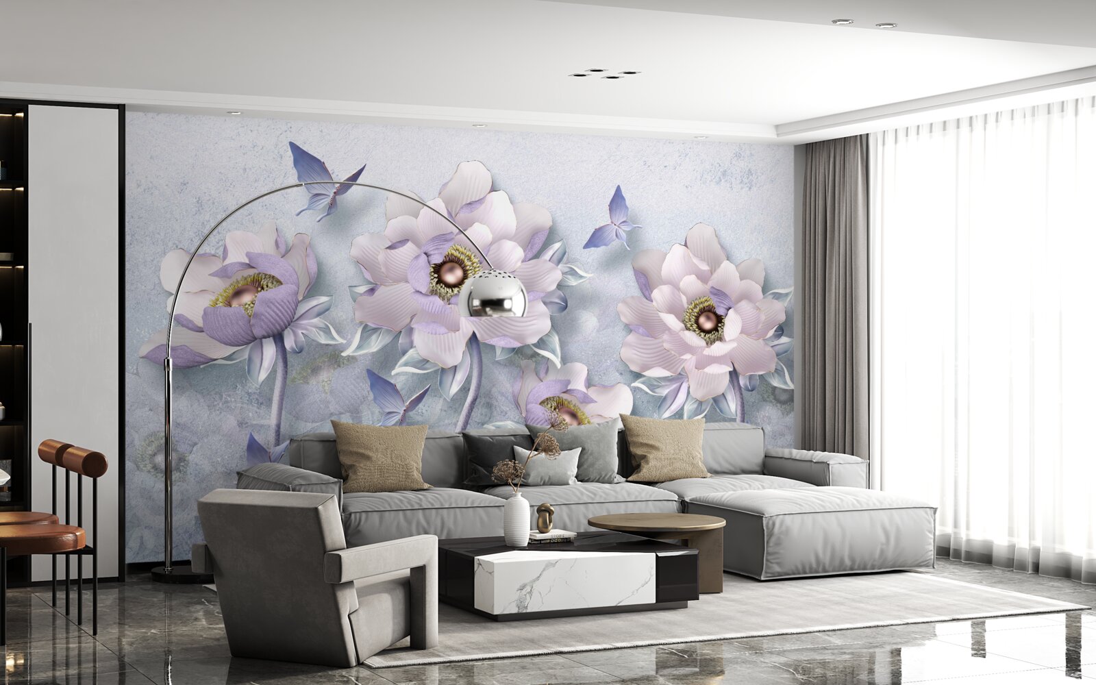Papier peint des papillons violets et des fleurs d'une délicatesse exceptionnelle