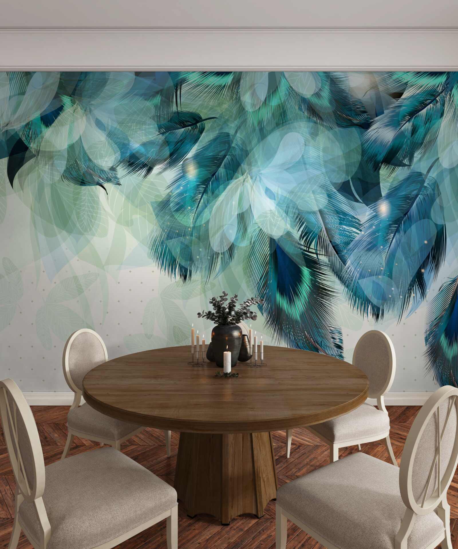 Papier peint plumes de paon dans une nuance de turquoise
