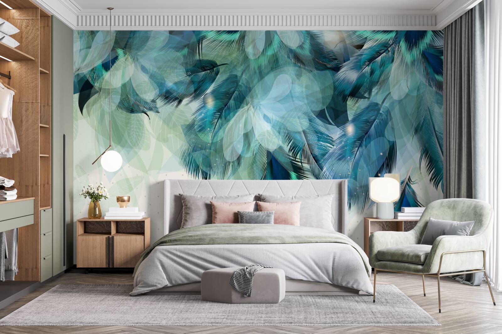 Papier peint plumes de paon dans une nuance de turquoise