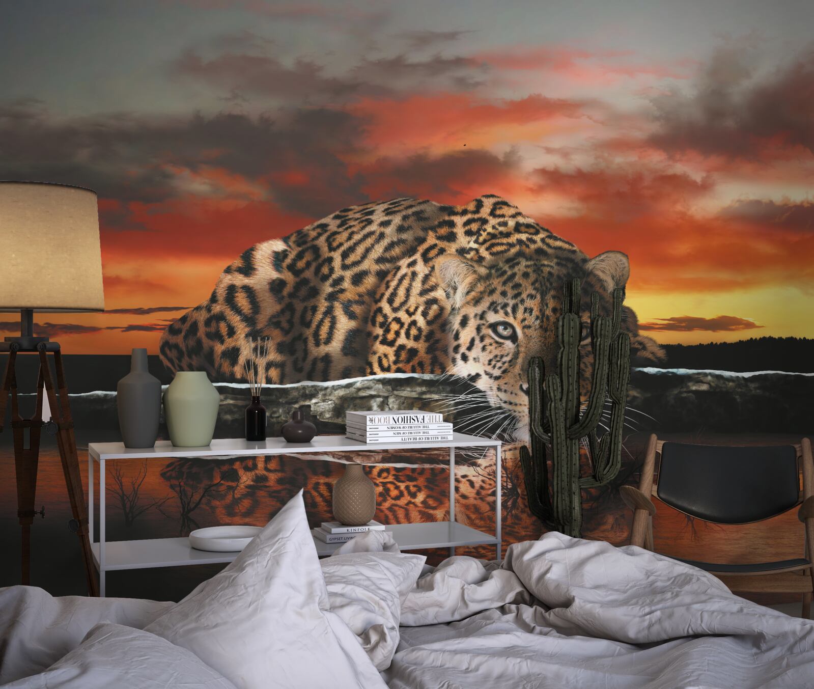 Papier peint Un étang à l'horizon, peint dans les couleurs du coucher de soleil, et à côté un guépard.