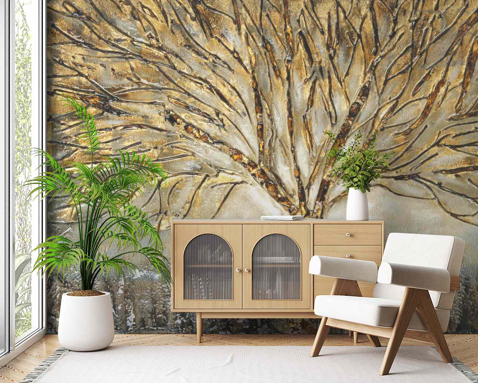 Papier peint arbre nu avec de l'or