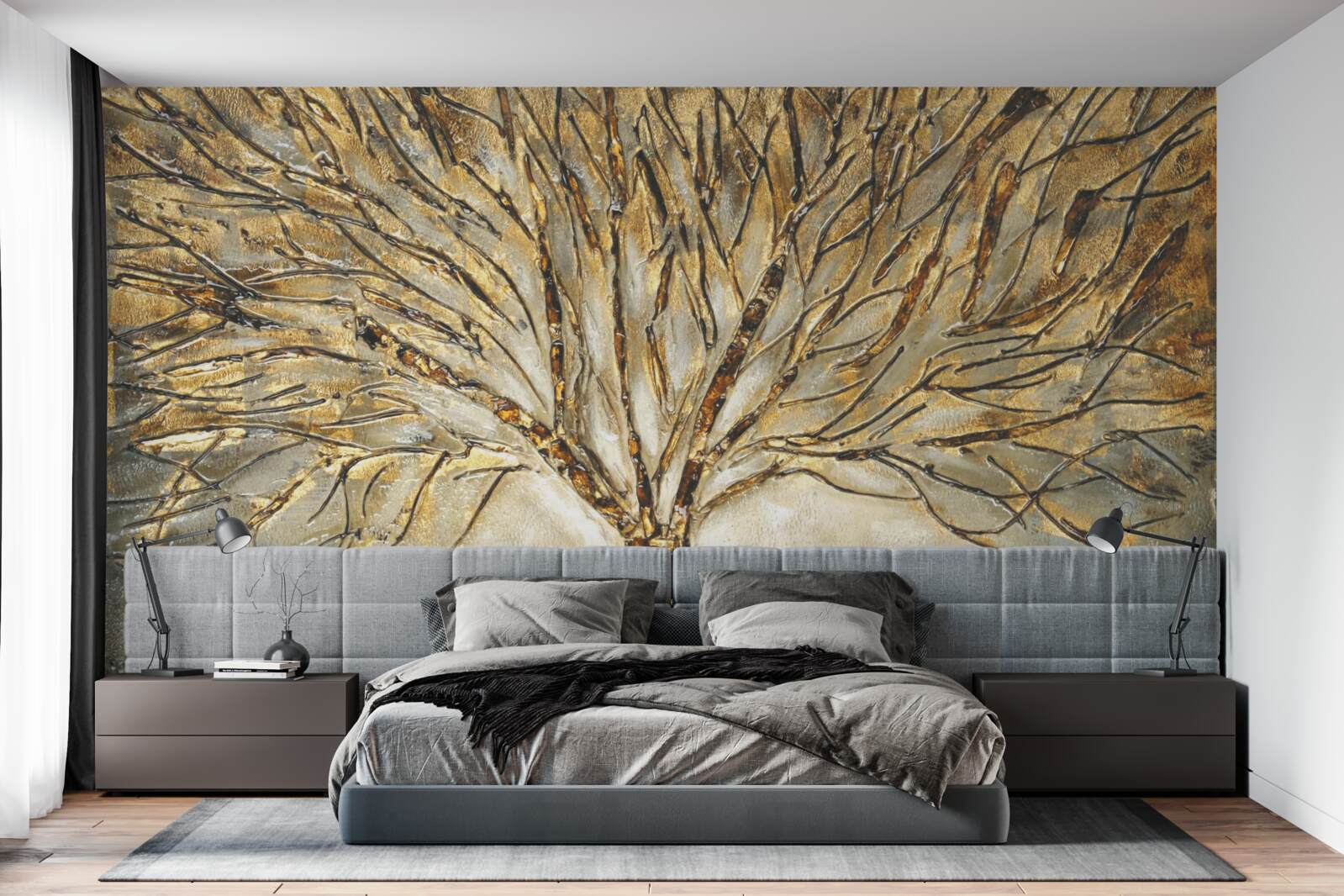 Papier peint arbre nu avec de l'or