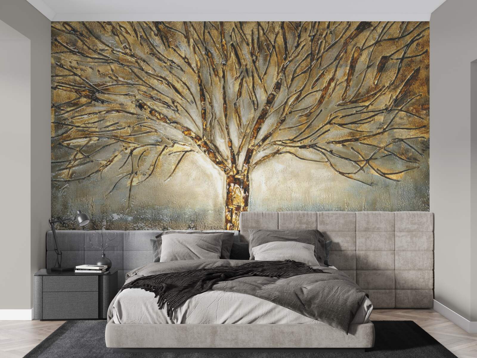 Papier peint arbre nu avec de l'or