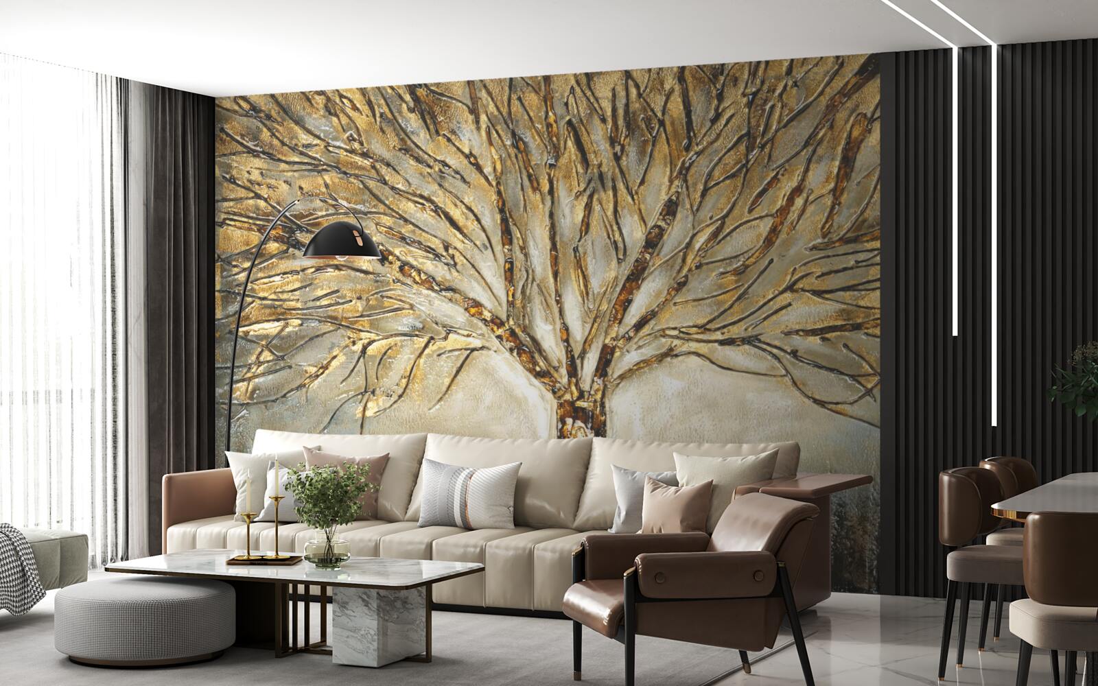 Papier peint arbre nu avec de l'or