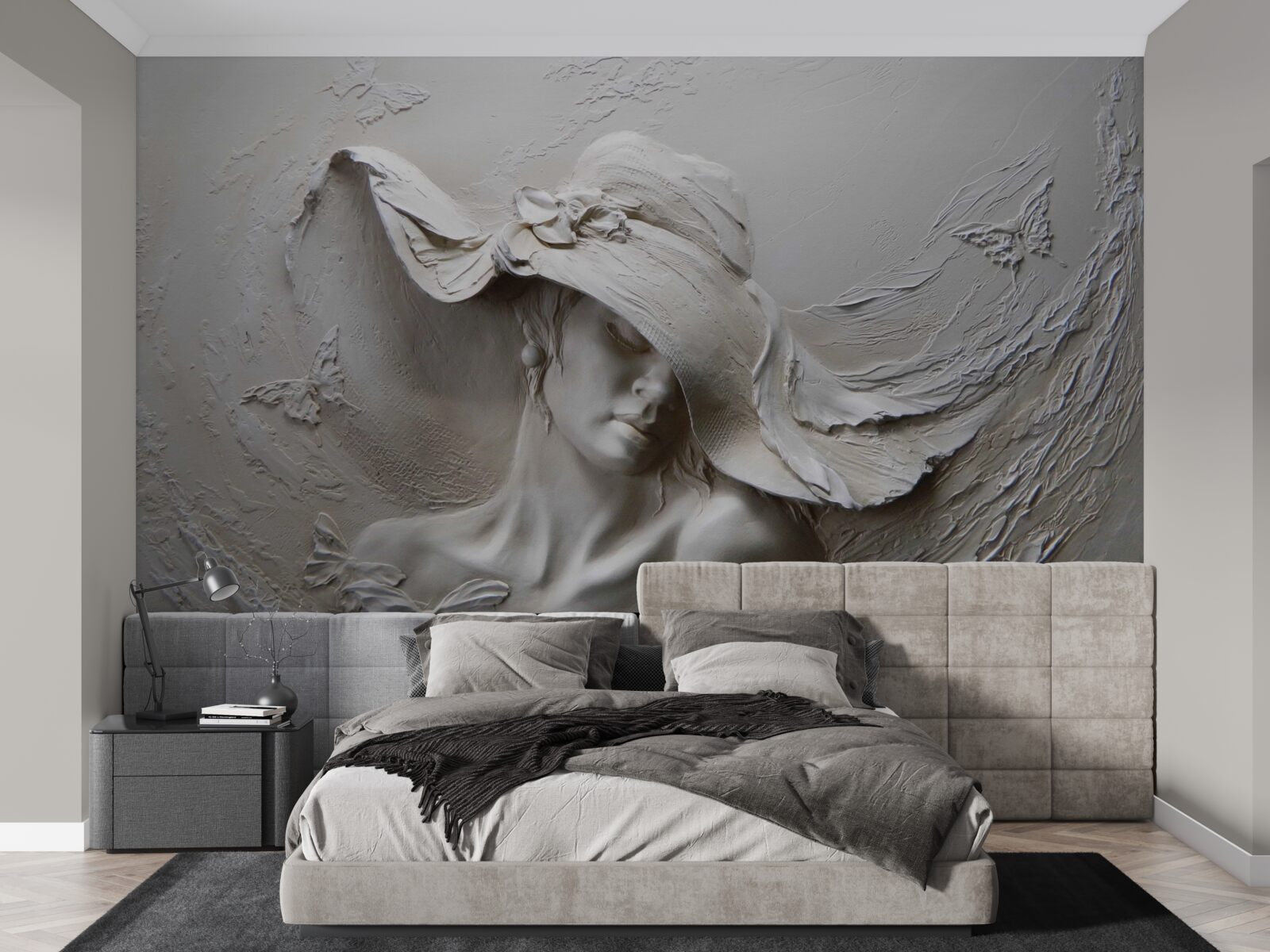 Papier peint sur le mur, une image sculptée d'une fille portant un chapeau
