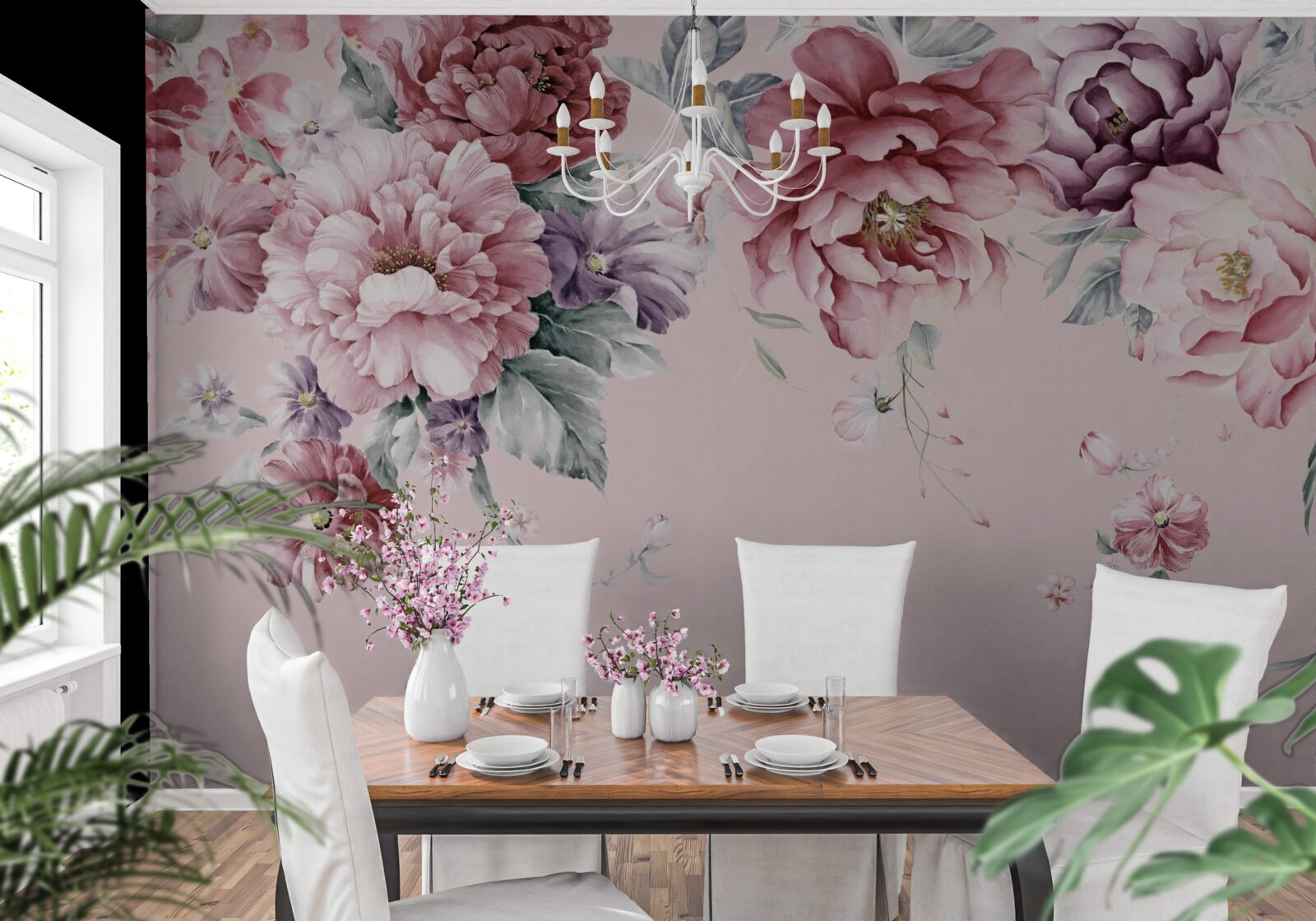 Papier peint diverses fleurs roses