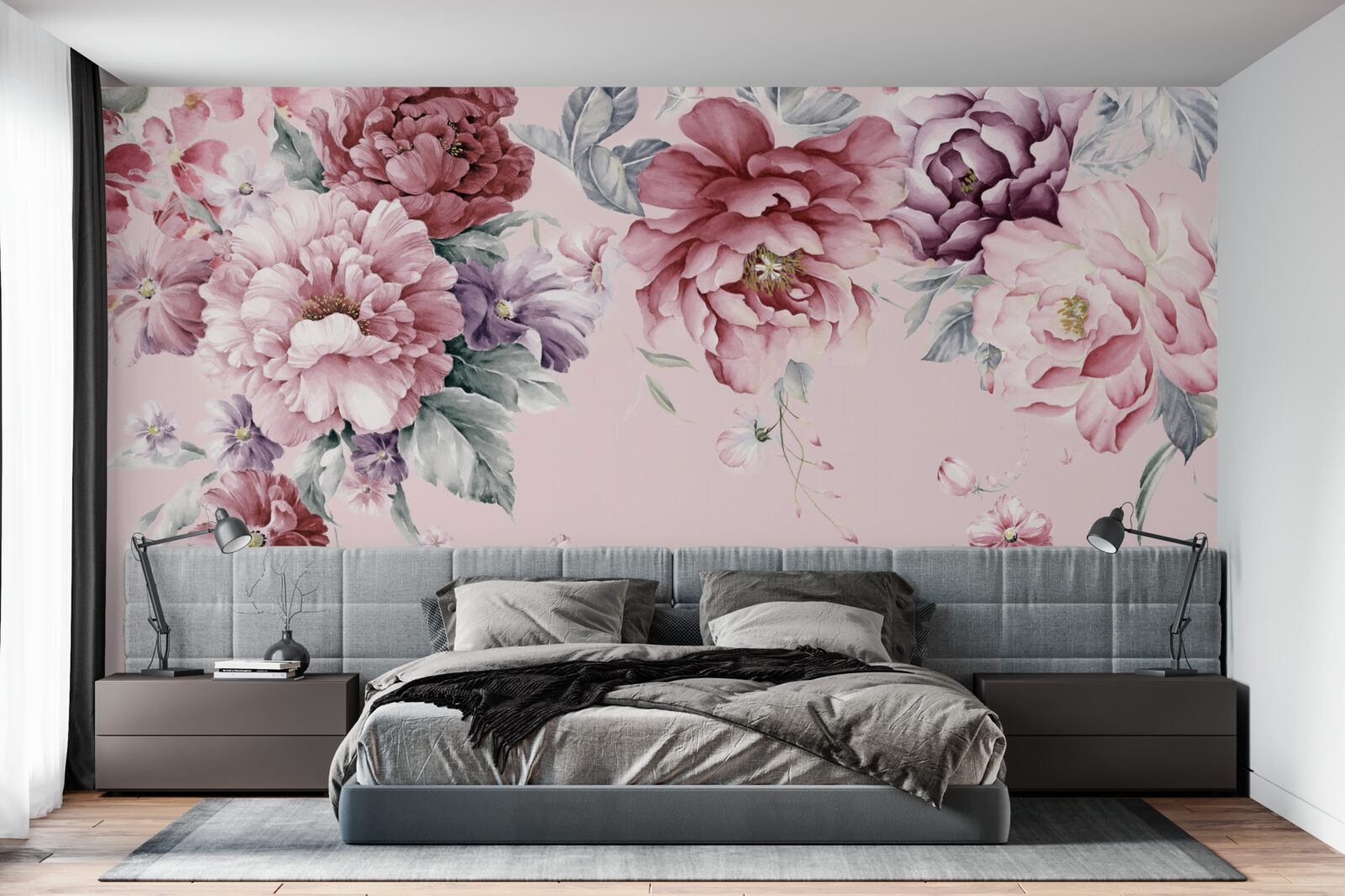 Papier peint diverses fleurs roses