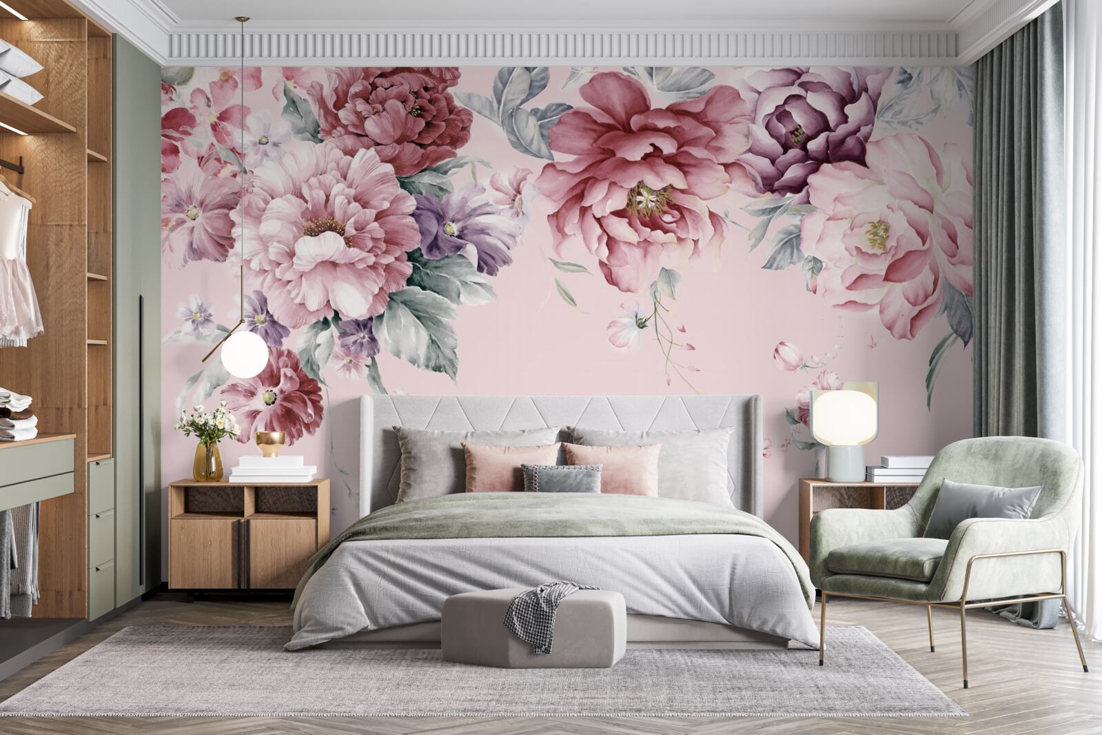 Papier peint diverses fleurs roses