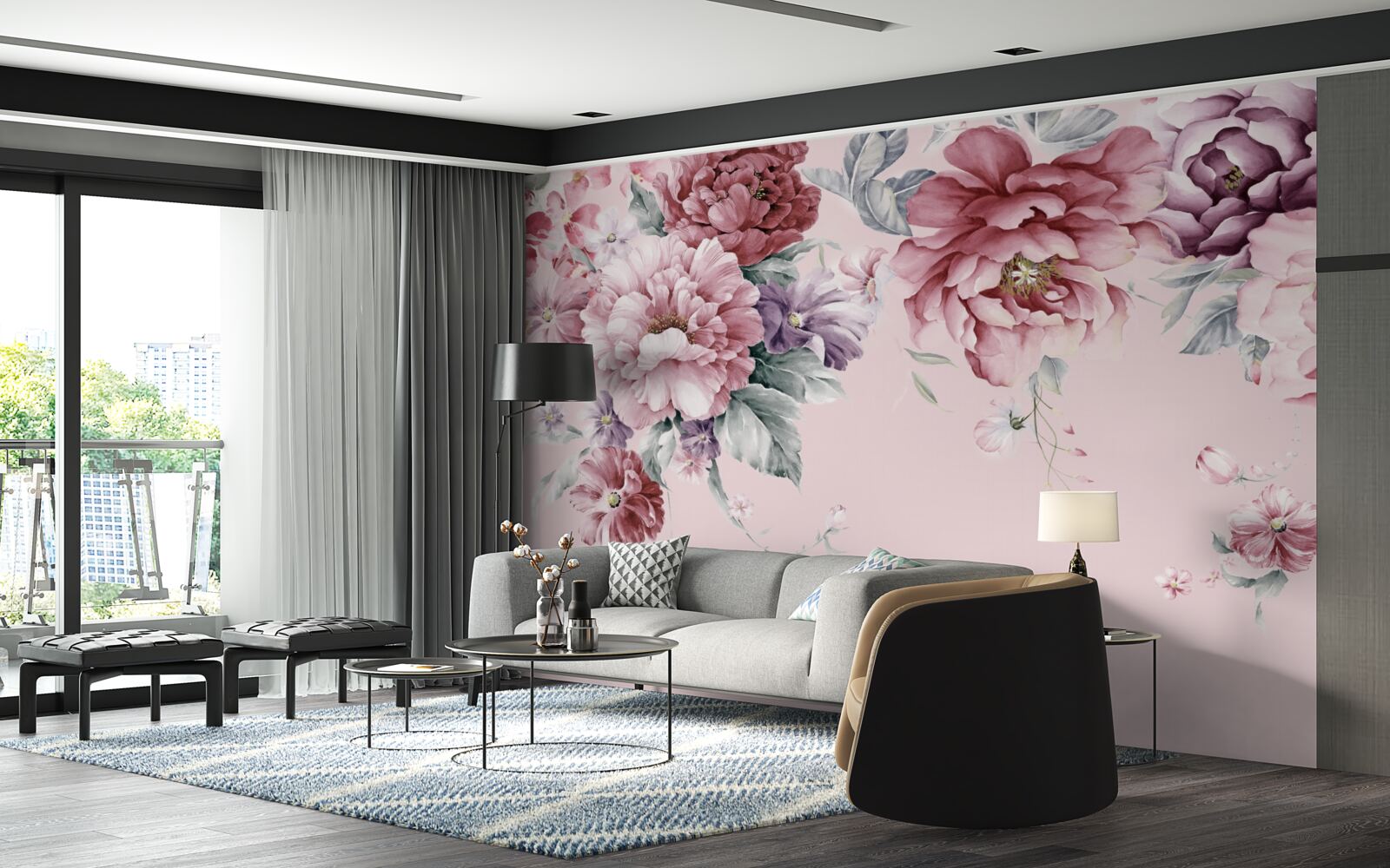 Papier peint diverses fleurs roses