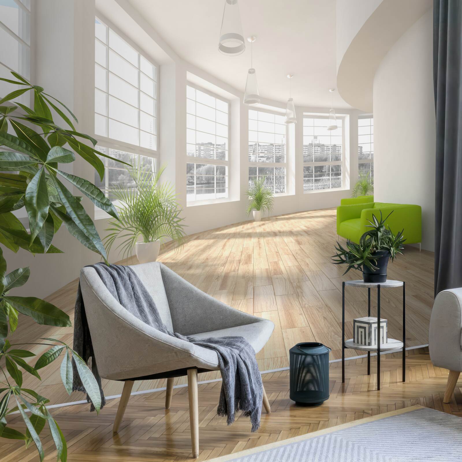 Papier peint couloir blanc avec des fenêtres allant du sol au plafond