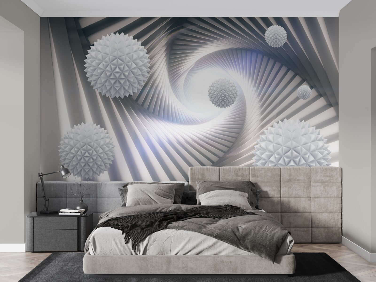 Papier peint boules blanches et spirales abstraites