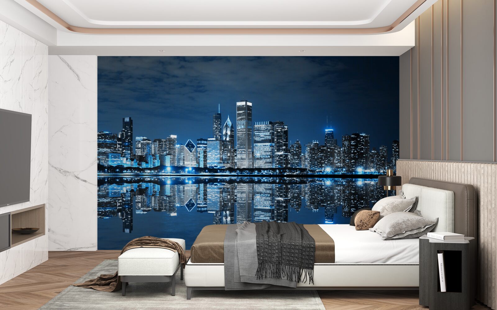 Papier peint l'affichage des lumières nocturnes de la ville dans l'eau